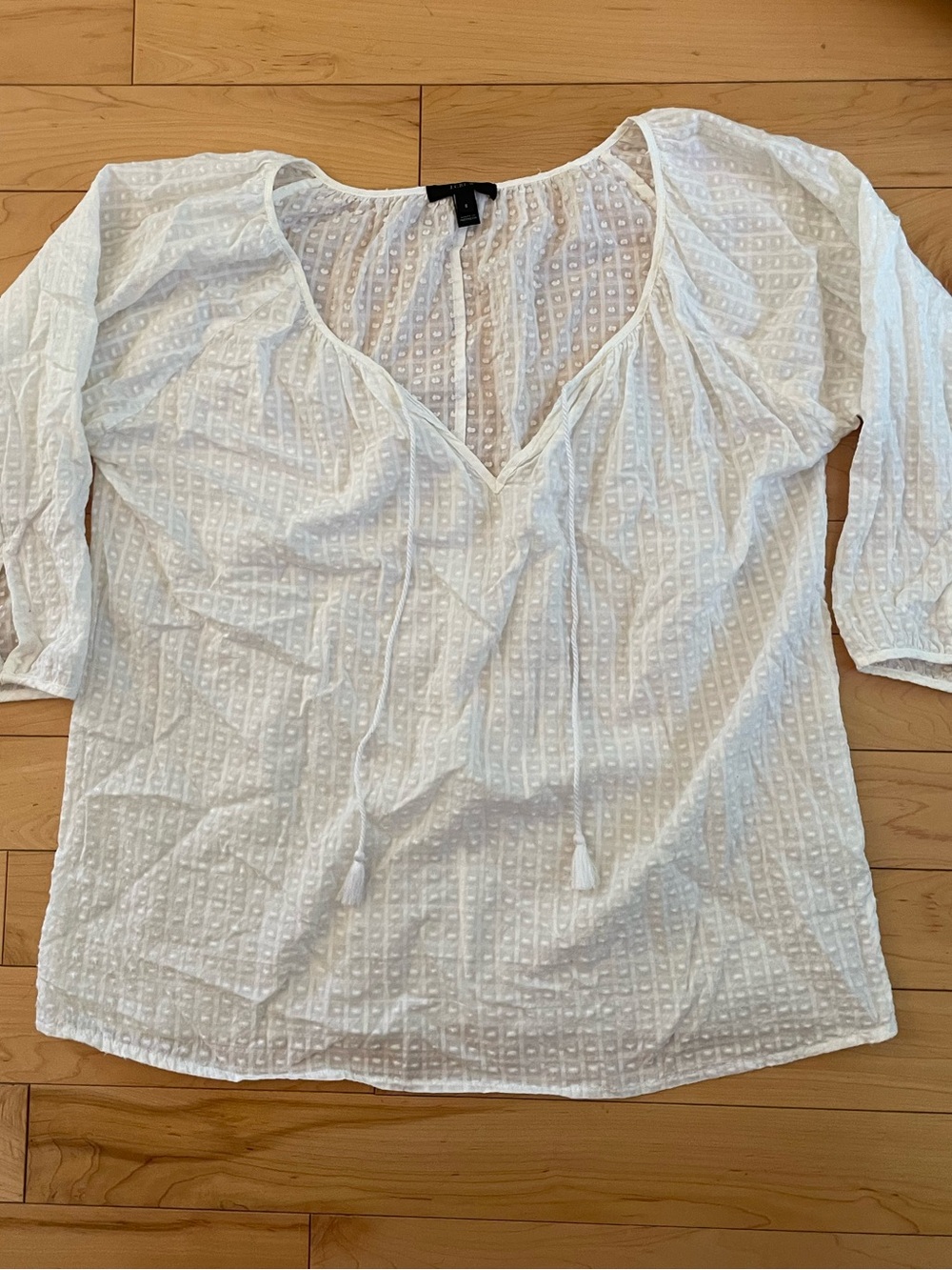 J. Crew White Textured Peasant Tunic with Tie Neck